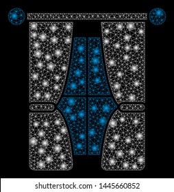 Glowing mesh interior curtains with lightspot effect. Abstract illuminated model of interior curtains icon. Shiny wire carcass triangular network interior curtains.