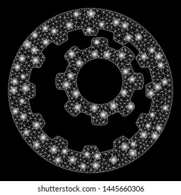 Glowing mesh internal gears with glow effect. Abstract illuminated model of internal gears icon. Shiny wire carcass polygonal mesh internal gears. Vector abstraction on a black background.