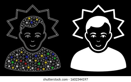 Glowing mesh inventor icon with sparkle effect. Abstract illuminated model of inventor. Shiny wire frame triangular mesh inventor icon. Vector abstraction on a black background.
