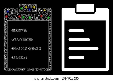 Glowing mesh inventory pad icon with lightspot effect. Abstract illuminated model of inventory pad. Shiny wire frame triangular mesh inventory pad icon. Vector abstraction on a black background.