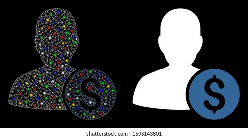 Glowing mesh investor icon with glitter effect. Abstract illuminated model of investor. Shiny wire frame triangular network investor icon. Vector abstraction on a black background.