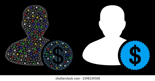 Glowing mesh investor icon with lightspot effect. Abstract illuminated model of investor. Shiny wire carcass triangular mesh investor icon. Vector abstraction on a black background.