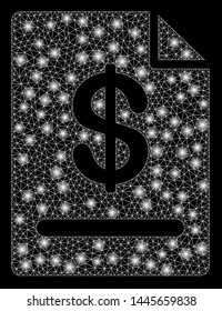 Glowing mesh invoice with glitter effect. Abstract illuminated model of invoice icon. Shiny wire frame polygonal mesh invoice. Vector abstraction on a black background.