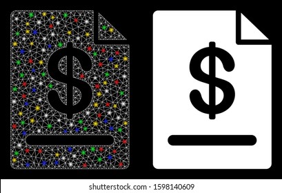 Glowing mesh invoice icon with lightspot effect. Abstract illuminated model of invoice. Shiny wire frame triangular mesh invoice icon. Vector abstraction on a black background.