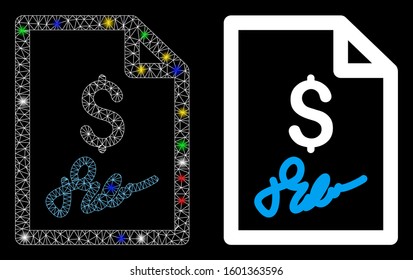 Glowing mesh invoice page icon with glare effect. Abstract illuminated model of invoice page. Shiny wire frame polygonal network invoice page icon. Vector abstraction on a black background.