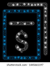 Glowing mesh invoices with lightspot effect. Abstract illuminated model of invoices icon. Shiny wire carcass polygonal mesh invoices. Vector abstraction on a black background.