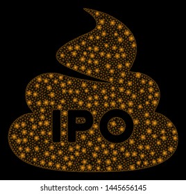 Glowing mesh IPO shit with glare effect. Abstract illuminated model of IPO shit icon. Shiny wire carcass polygonal network IPO shit. Vector abstraction on a black background.