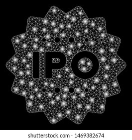 Glowing mesh IPO token with glare effect. Abstract illuminated model of IPO token icon. Shiny wire carcass triangular mesh IPO token. Vector abstraction on a black background.