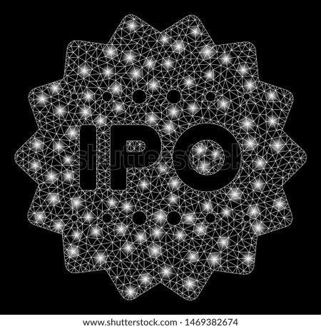 Glowing mesh IPO token with glare effect. Abstract illuminated model of IPO token icon. Shiny wire carcass triangular mesh IPO token. Vector abstraction on a black background.
