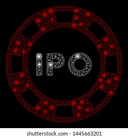 Glowing mesh IPO token with glow effect. Abstract illuminated model of IPO token icon. Shiny wire frame polygonal mesh IPO token. Vector abstraction on a black background.