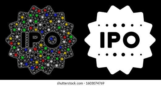 Glowing mesh IPO token icon with glare effect. Abstract illuminated model of IPO token. Shiny wire frame polygonal mesh IPO token icon. Vector abstraction on a black background.