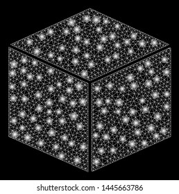 Glowing mesh isometric cube with sparkle effect. Abstract illuminated model of isometric cube icon. Shiny wire frame triangular mesh isometric cube. Vector abstraction on a black background.