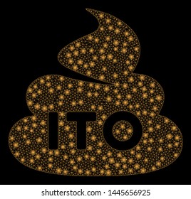 Glowing mesh ITO shit with lightspot effect. Abstract illuminated model of ITO shit icon. Shiny wire carcass polygonal mesh ITO shit. Vector abstraction on a black background.
