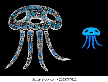 Glowing mesh jellyfish with lightspots. Wire frame flat network generated with intersected white lines and jellyfish icon. White mesh and sparkle frame mesh jellyfish on a black background.