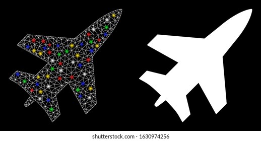 Glowing mesh jet fighter icon with sparkle effect. Abstract illuminated model of jet fighter. Shiny wire carcass polygonal mesh jet fighter icon. Vector abstraction on a black background.