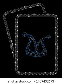 Glowing mesh joker gambling cards with glare effect. Abstract illuminated model of joker gambling cards icon. Shiny wire frame polygonal mesh joker gambling cards.