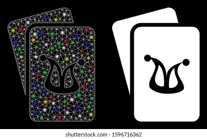 Glowing mesh joker gambling cards icon with sparkle effect. Abstract illuminated model of joker gambling cards. Shiny wire frame triangular mesh joker gambling cards icon.