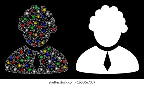 Glowing mesh judge profession icon with glare effect. Abstract illuminated model of judge profession. Shiny wire frame triangular mesh judge profession icon. Vector abstraction on a black background.