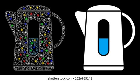 Glowing mesh kettle icon with sparkle effect. Abstract illuminated model of kettle. Shiny wire carcass polygonal mesh kettle icon. Vector abstraction on a black background.