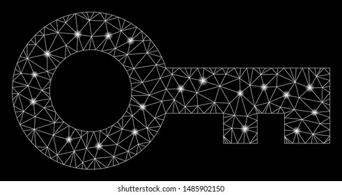 Glowing mesh key with glow effect. Abstract illuminated model of key icon. Shiny wire frame triangular mesh key. Vector abstraction on a black background.