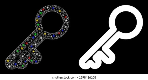 Glowing mesh key icon with glare effect. Abstract illuminated model of key. Shiny wire frame triangular mesh key icon. Vector abstraction on a black background. Abstract 2d mesh built from triangles,