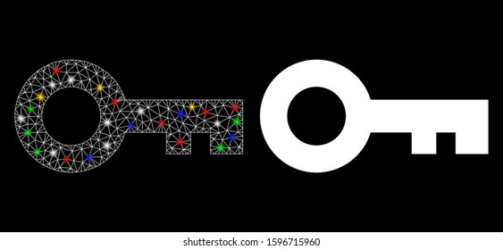 Glowing mesh key icon with lightspot effect. Abstract illuminated model of key. Shiny wire carcass polygonal network key icon. Vector abstraction on a black background.