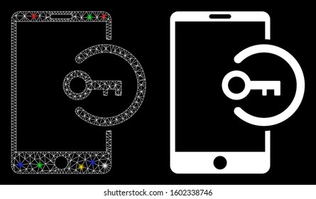 Glowing mesh key login smartphone icon with glow effect. Abstract illuminated model of key login smartphone. Shiny wire frame polygonal mesh key login smartphone icon.