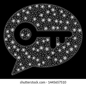 Glowing mesh key message with glitter effect. Abstract illuminated model of key message icon. Shiny wire carcass polygonal mesh key message. Vector abstraction on a black background.