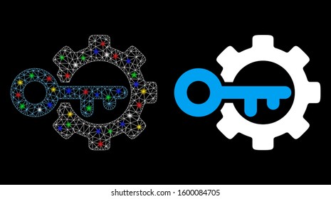 Glowing mesh key options icon with lightspot effect. Abstract illuminated model of key options. Shiny wire carcass triangular mesh key options icon. Vector abstraction on a black background.
