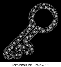 Glowing mesh key with sparkle effect. Abstract illuminated model of key icon. Shiny wire carcass triangular network key. Vector abstraction on a black background.