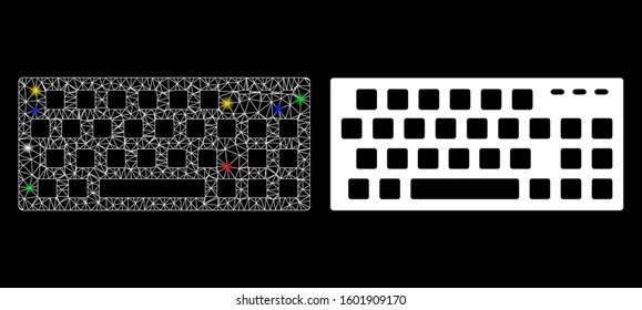Glowing mesh keyboard icon with glitter effect. Abstract illuminated model of keyboard. Shiny wire frame polygonal network keyboard icon. Vector abstraction on a black background.