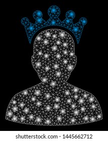 Glowing mesh king with lightspot effect. Abstract illuminated model of king icon. Shiny wire carcass polygonal mesh king. Vector abstraction on a black background.