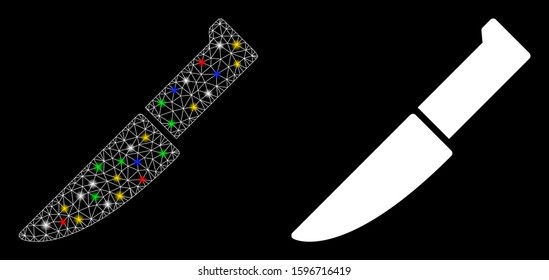 Glowing mesh knife icon with sparkle effect. Abstract illuminated model of knife. Shiny wire frame polygonal mesh knife icon. Vector abstraction on a black background.