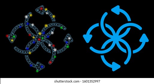 Glowing mesh knot rotation icon with lightspot effect. Abstract illuminated model of knot rotation. Shiny wire frame triangular mesh knot rotation icon. Vector abstraction on a black background.