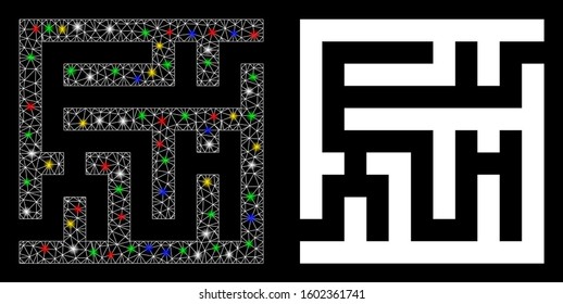 Glowing mesh labyrinth icon with glow effect. Abstract illuminated model of labyrinth. Shiny wire carcass polygonal mesh labyrinth icon. Vector abstraction on a black background.