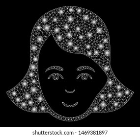 Glowing mesh lady face with glow effect. Abstract illuminated model of lady face icon. Shiny wire carcass polygonal network lady face. Vector abstraction on a black background.