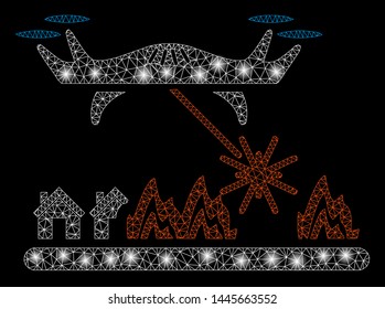 Glowing mesh laser drone attacks village with glow effect. Abstract illuminated model of laser drone attacks village icon. Shiny wire frame polygonal mesh laser drone attacks village.