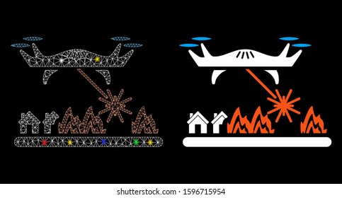 Glowing mesh laser drone attacks village icon with sparkle effect. Abstract illuminated model of laser drone attacks village. Shiny wire frame polygonal mesh laser drone attacks village icon.