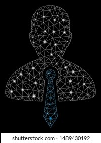 Glowing mesh lawyer tie with sparkle effect. Abstract illuminated model of lawyer tie icon. Shiny wire carcass triangular mesh lawyer tie. Vector abstraction on a black background.