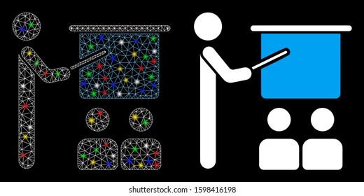 Glowing mesh lecture icon with glare effect. Abstract illuminated model of lecture. Shiny wire carcass polygonal mesh lecture icon. Vector abstraction on a black background.