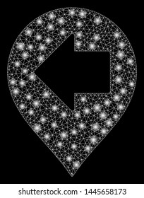 Glowing mesh left arrow marker with glare effect. Abstract illuminated model of left arrow marker icon. Shiny wire frame triangular mesh left arrow marker. Vector abstraction on a black background.