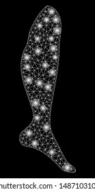 Glowing mesh leg with lightspot effect. Abstract illuminated model of leg icon. Shiny wire carcass triangular mesh leg. Vector abstraction on a black background.