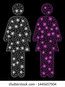 Glowing mesh lesbi couple with lightspot effect. Abstract illuminated model of lesbi couple icon. Shiny wire frame polygonal mesh lesbi couple. Vector abstraction on a black background.