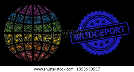 Glowing mesh LGBT globe with lightspots, and Bridgeport unclean ribbon seal imitation. Blue seal contains Bridgeport text inside rosette. Illuminated vector constellation created from LGBT globe icon.