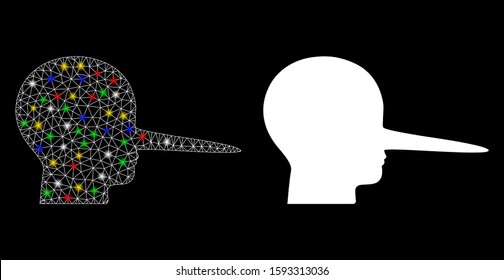 Glowing mesh liar icon with glare effect. Abstract illuminated model of liar. Shiny wire frame polygonal mesh liar icon. Vector abstraction on a black background.