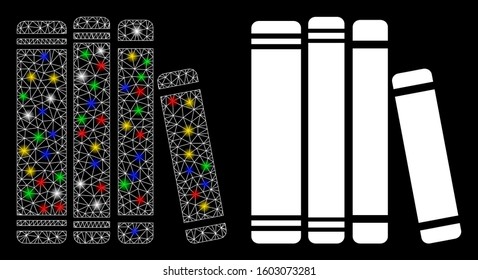 Glowing mesh library books icon with glare effect. Abstract illuminated model of library books. Shiny wire carcass polygonal mesh library books icon. Vector abstraction on a black background.