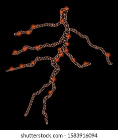 Glowing mesh lightning with sparkle effect. Abstract illuminated model of lightning icon. Shiny wire carcass triangular mesh lightning. Vector abstraction on a black background.