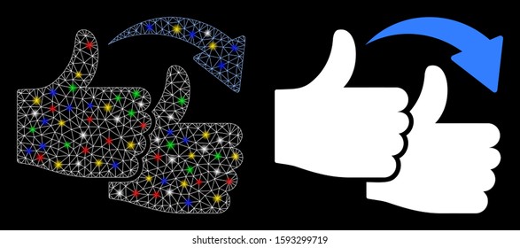 Glowing mesh like for like icon with glow effect. Abstract illuminated model of social proof. Shiny wire carcass polygonal mesh like for like icon. Vector abstraction on a black background.