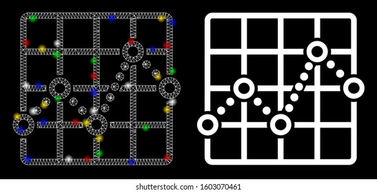 Glowing mesh line plot icon with sparkle effect. Abstract illuminated model of line plot. Shiny wire carcass polygonal mesh line plot icon. Vector abstraction on a black background.
