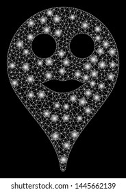 Glowing mesh lips smiley map marker with lightspot effect. Abstract illuminated model of lips smiley map marker icon. Shiny wire carcass polygonal mesh lips smiley map marker.